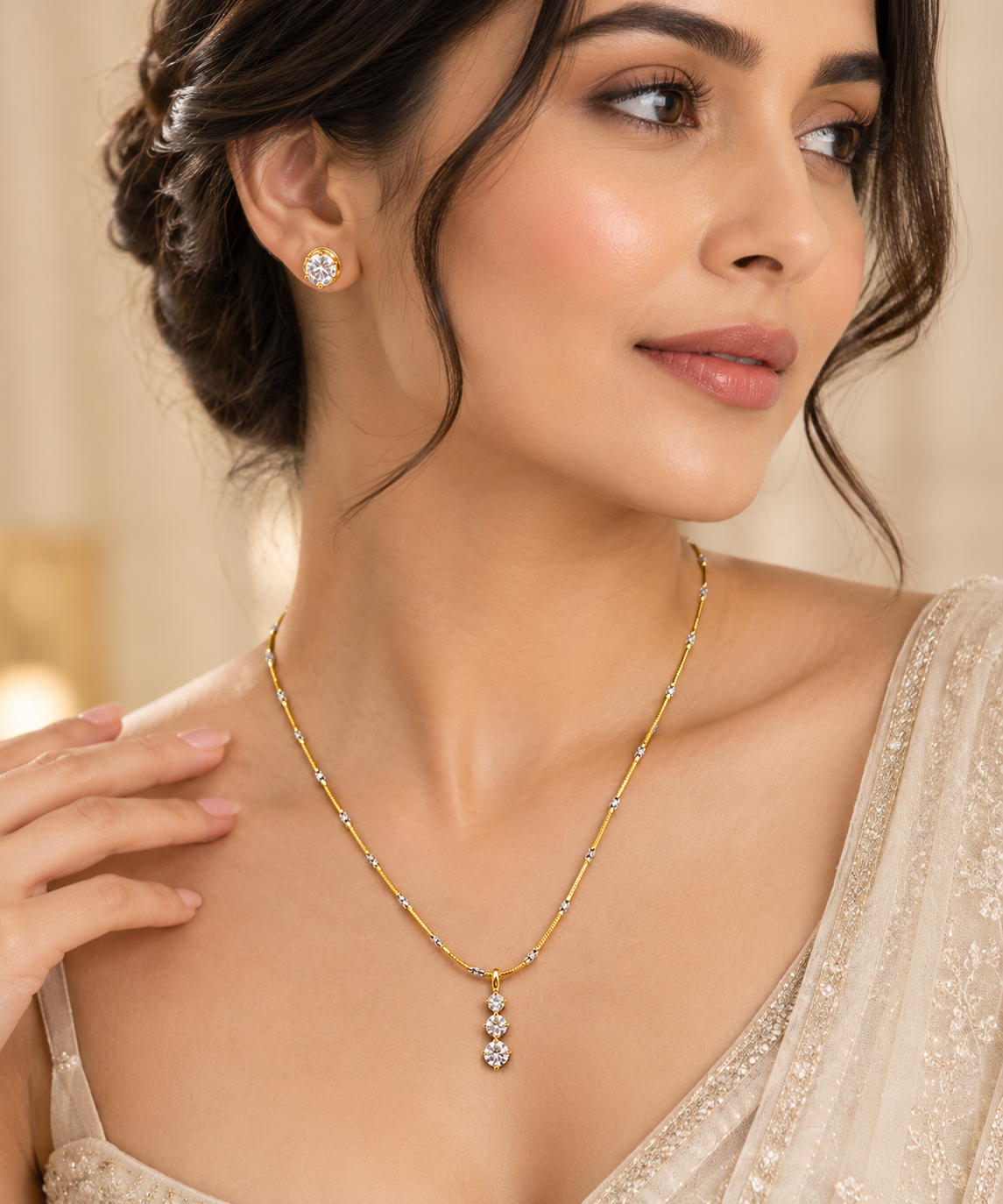 The Trillium Drop: Two-Tone Station Chain & Solitaire Trio Pendant Suite
