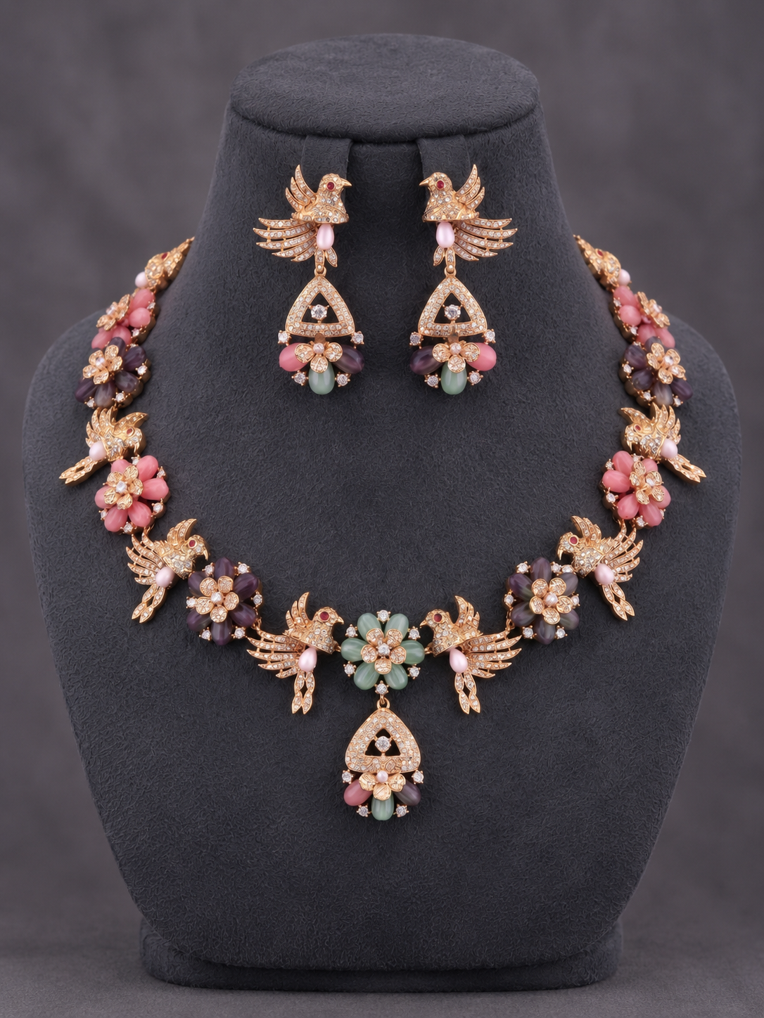 The Shalimar Aviary: Carved Jade & Coral Bird Motif Necklace Set
