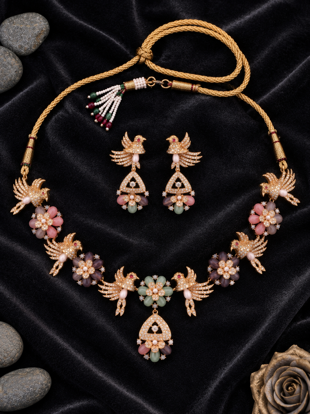 The Shalimar Aviary: Carved Jade & Coral Bird Motif Necklace Set
