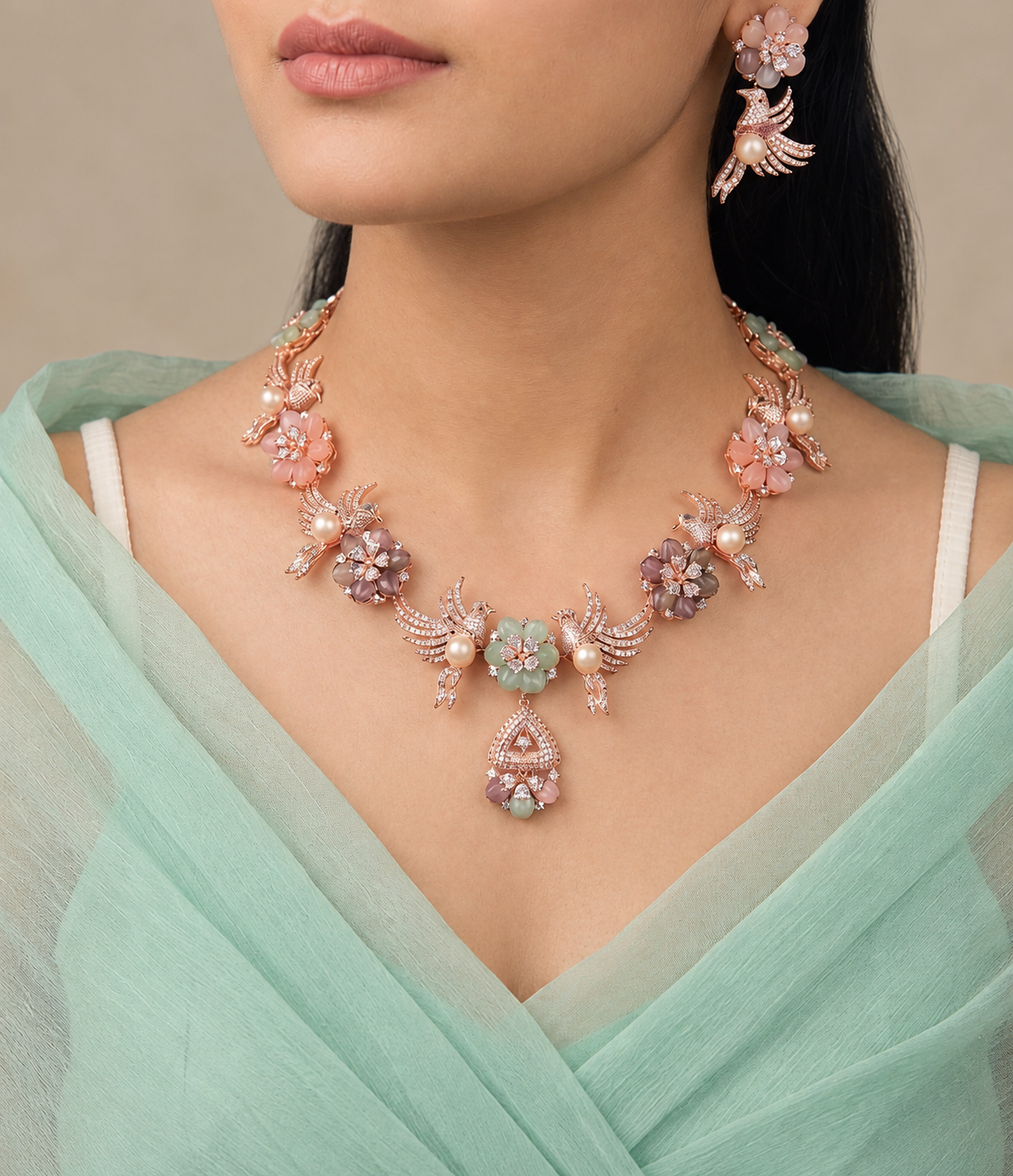 The Shalimar Aviary: Carved Jade & Coral Bird Motif Necklace Set