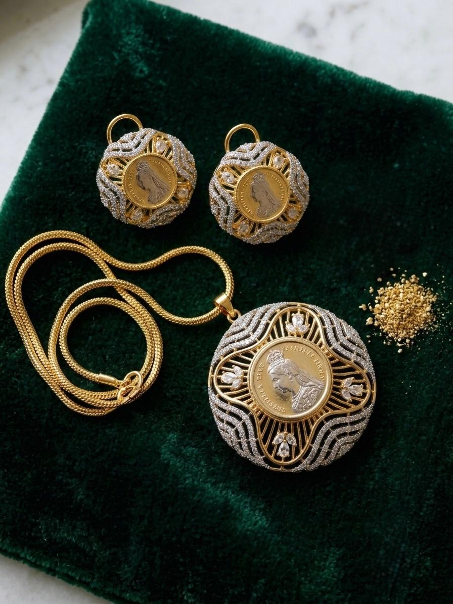 Gilded Monarchy: Two-Tone Queen Victoria Numismatic Pendant Suite