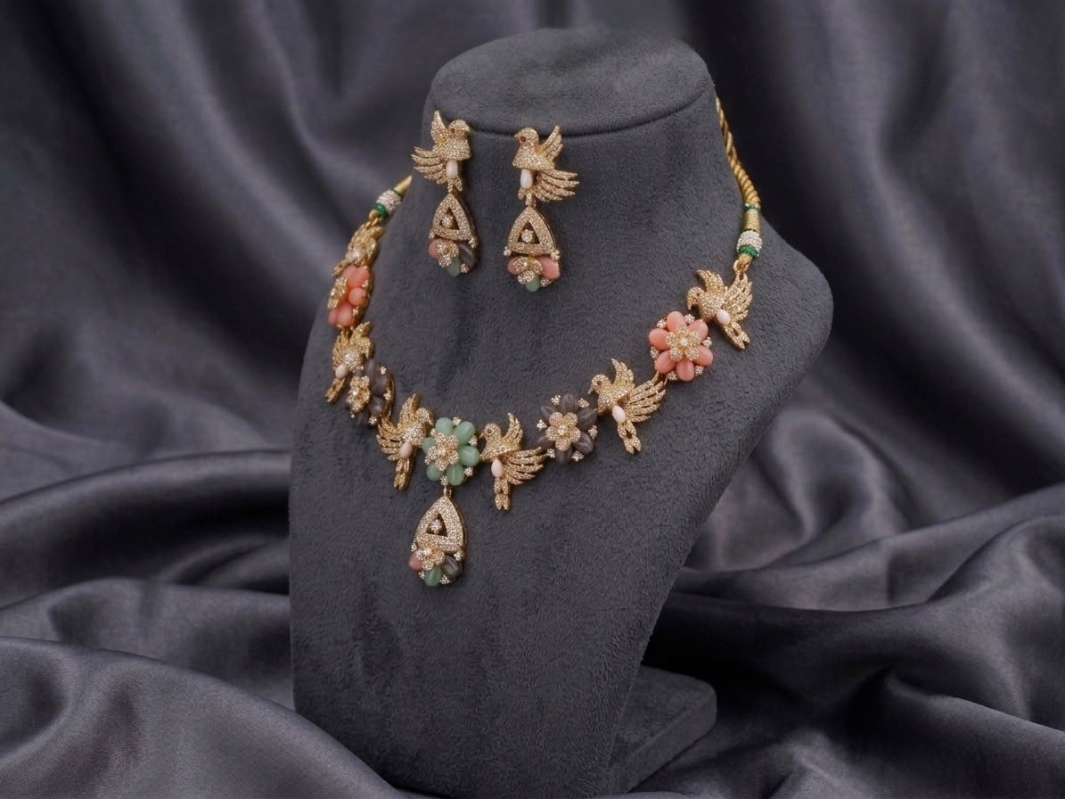 The Shalimar Aviary: Carved Jade & Coral Bird Motif Necklace Set