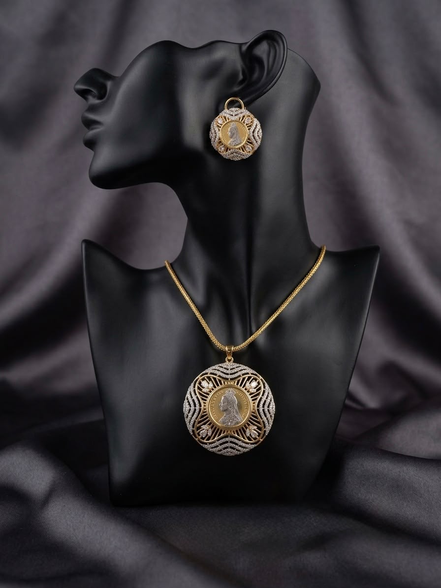Gilded Monarchy: Two-Tone Queen Victoria Numismatic Pendant Suite