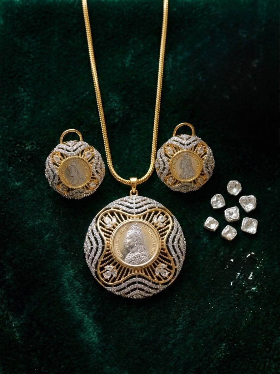 Gilded Monarchy: Two-Tone Queen Victoria Numismatic Pendant Suite