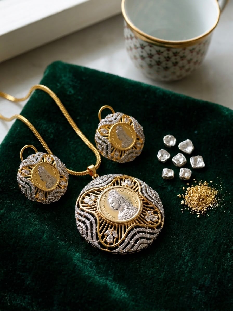 Gilded Monarchy: Two-Tone Queen Victoria Numismatic Pendant Suite