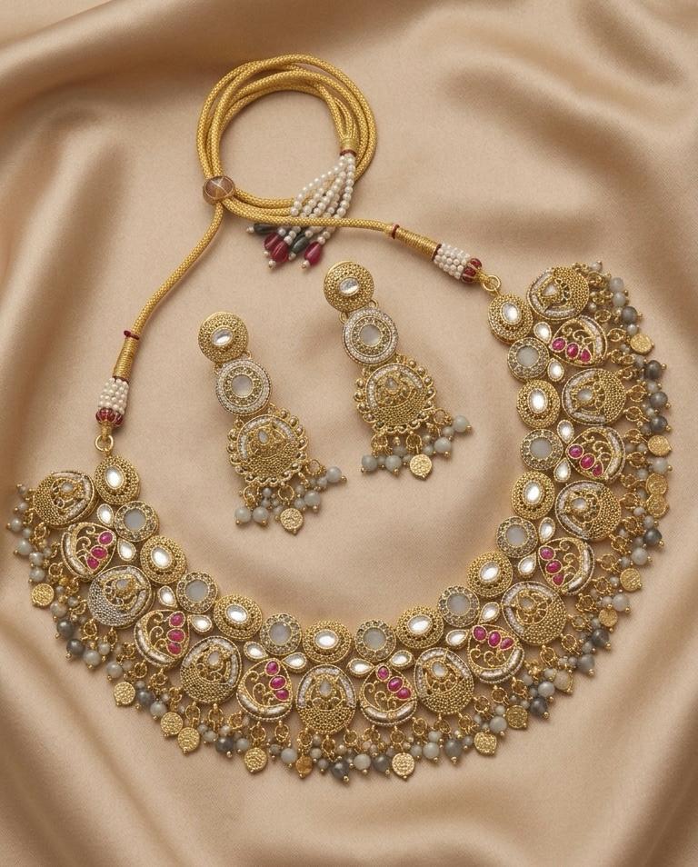 Sunehri Ghazal: Vintage Gold Coin & Polki Fringe Necklace Set