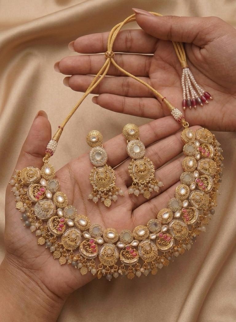 Sunehri Ghazal: Vintage Gold Coin & Polki Fringe Necklace Set