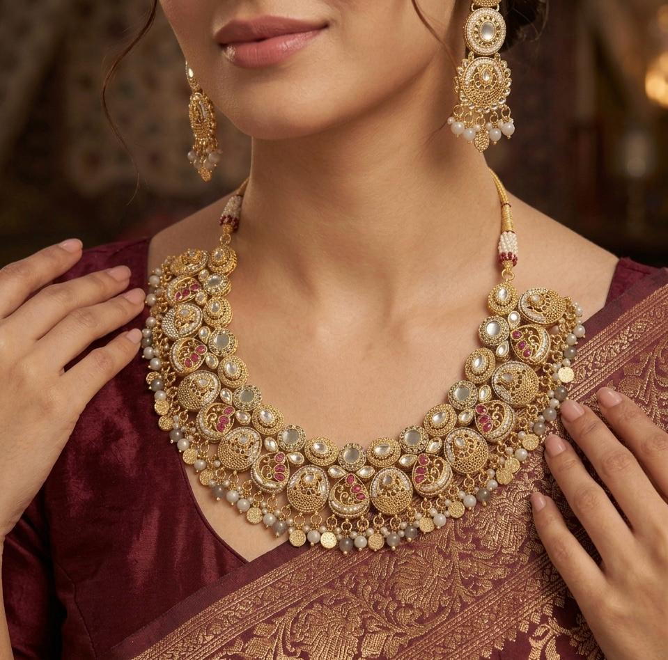 Sunehri Ghazal: Vintage Gold Coin & Polki Fringe Necklace Set