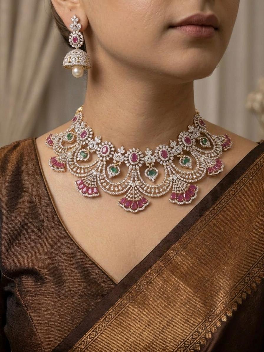 The Chandrika Arch: Scalloped Diamond-Pavé Collar & Pearl-Clapper Jhumka Suite