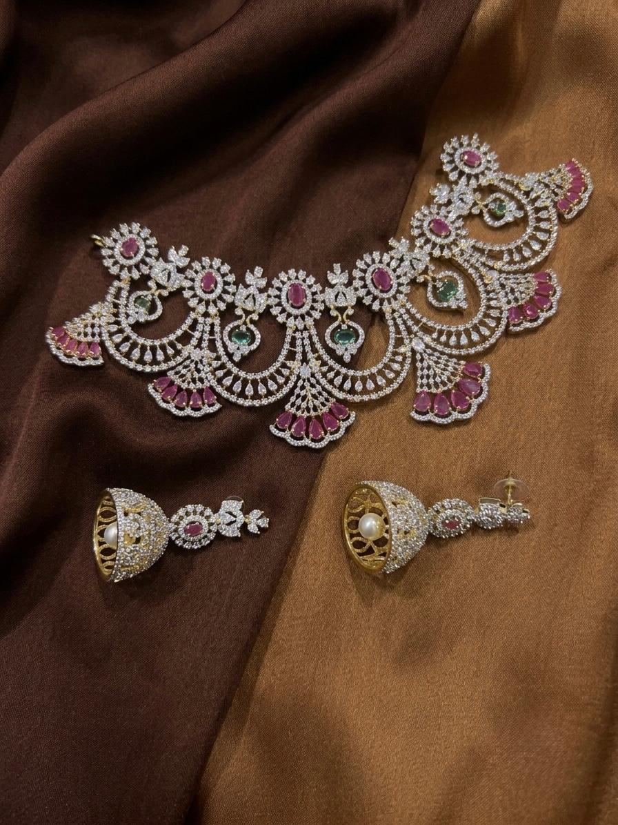 The Chandrika Arch: Scalloped Diamond-Pavé Collar & Pearl-Clapper Jhumka Suite