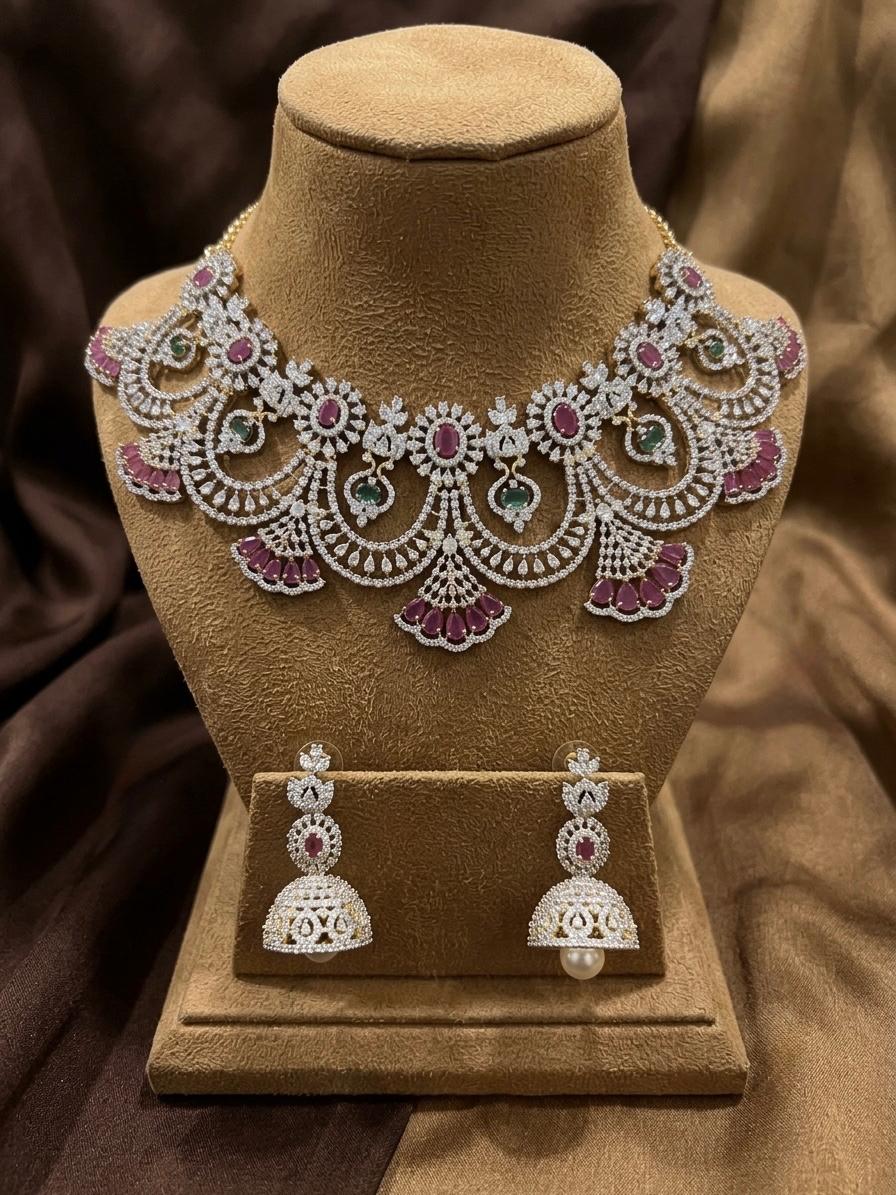 The Chandrika Arch: Scalloped Diamond-Pavé Collar & Pearl-Clapper Jhumka Suite