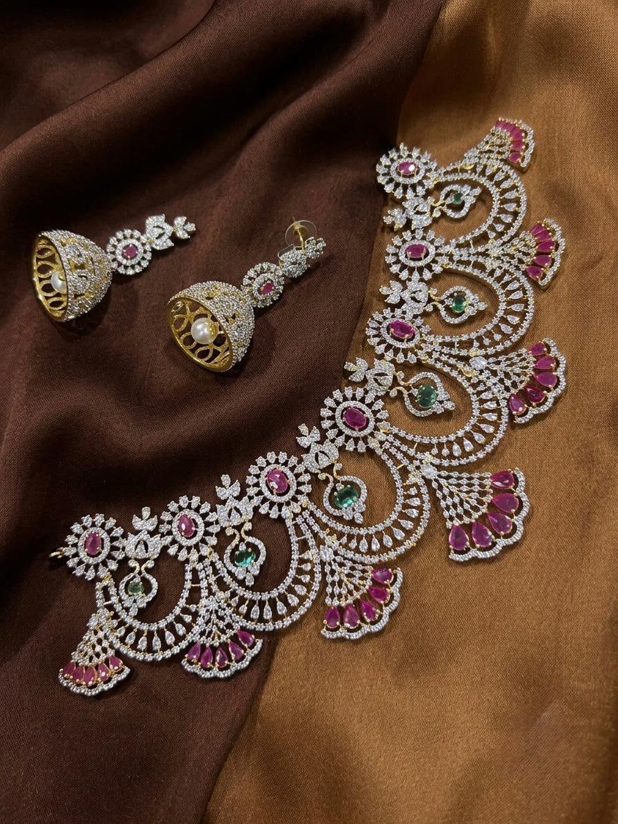 The Chandrika Arch: Scalloped Diamond-Pavé Collar & Pearl-Clapper Jhumka Suite