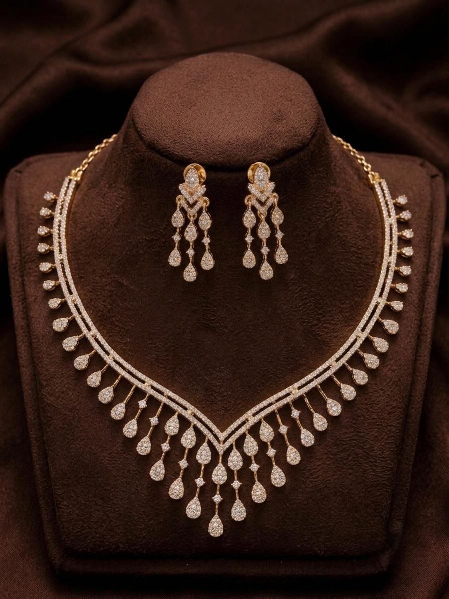 The Tiara V-Waterfall: Diamond Raindrop Collar & Fringe Drop Earrings Suite