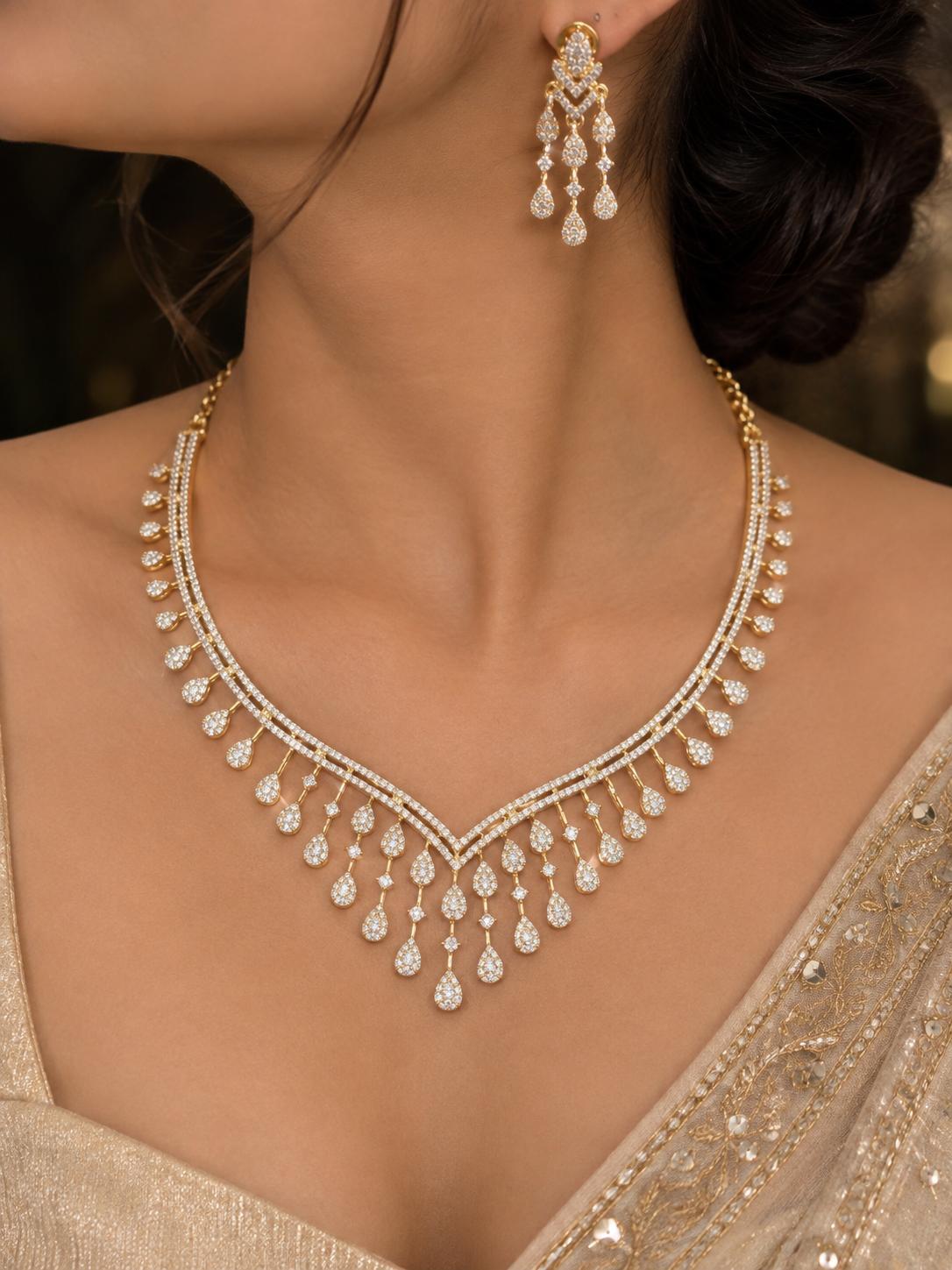 The Tiara V-Waterfall: Diamond Raindrop Collar & Fringe Drop Earrings Suite