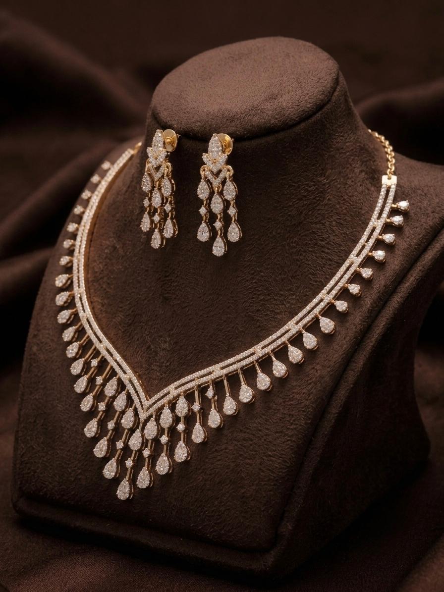 The Tiara V-Waterfall: Diamond Raindrop Collar & Fringe Drop Earrings Suite