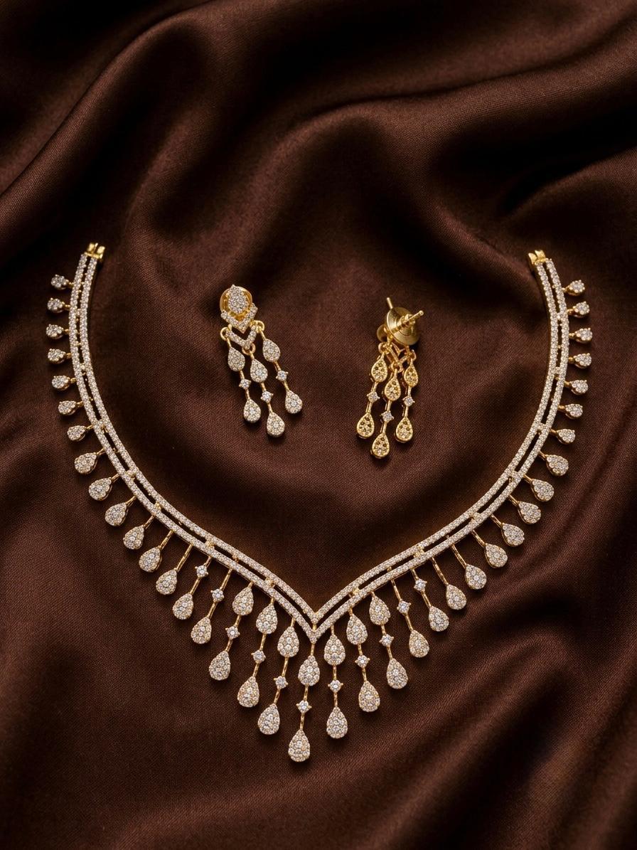The Tiara V-Waterfall: Diamond Raindrop Collar & Fringe Drop Earrings Suite