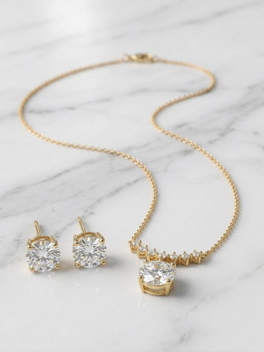 The Minimalist Beam: Petite Diamond Arc Necklace & Everyday Solitaire Studs