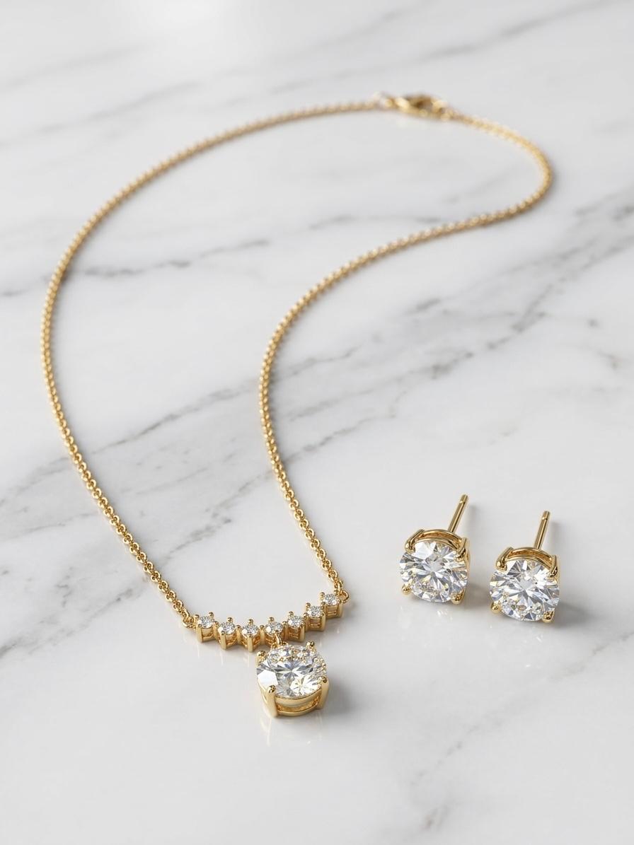 The Minimalist Beam: Petite Diamond Arc Necklace & Everyday Solitaire Studs