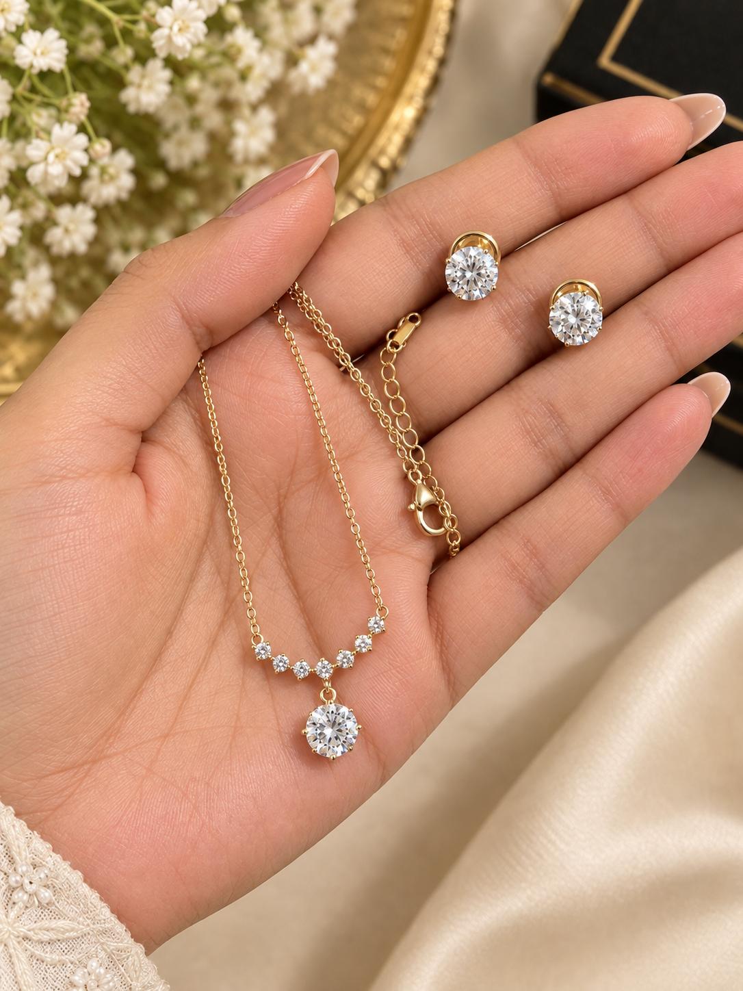 Minimalist Arc Necklace & Solitaire Stud Earrings Set